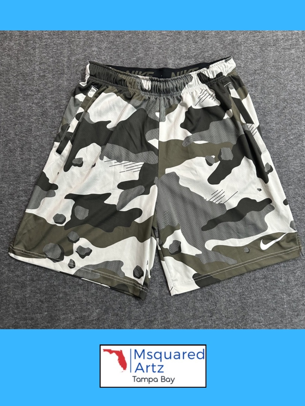 Nike Dri Fit Camo Athletic Shorts Mens Large Gray Black Drawstring